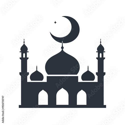 Islamic Mosque Silhouette with Crescent Moon and Star.