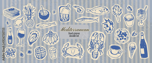 Summer coastal Mediterranean food doodle scrapbook collection. Italian brunch set. Crayon drawn ink picnic illustration with seafood, pizza, wine. Whimsical clip art dinner in vintage sketch style.