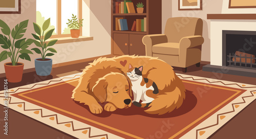 Loving golden retriever dog and a cat cuddling together while sleeping on a rug in a cozy, sunlit living room with a fireplace and bookshelf illustration