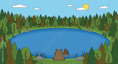 Beautiful cartoon landscape of a serene lake with a wooden pier and a small canoe surrounded by a dense pine forest on a bright sunny day