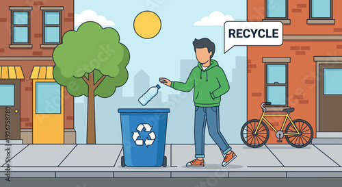 Illustrated man throwing a plastic bottle into a blue recycling bin on a city street, a flat vector graphic about environmental care and waste management
