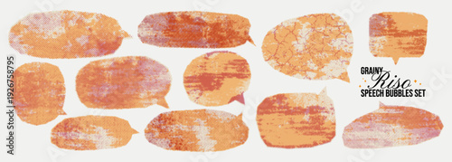 Punk risograph speech bubble set with place for text. Colorful paper halftone overlay texture shapes with ink dotted. Urban background grunge box. Stencil stamp riso print effect.