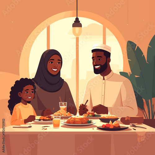 Muslim Family Enjoying a Meal Together.