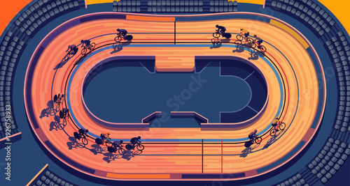 Group of professional cyclists racing on a wooden velodrome track in a dynamic, stylized illustration with dramatic sunset lighting and an aerial perspective