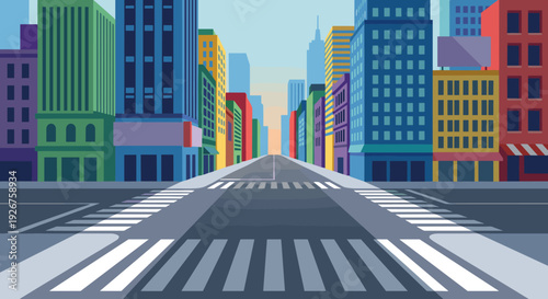 Colorful urban cityscape illustration with an empty street and crosswalk leading towards a vanishing point between modern skyscrapers under a clear blue sky