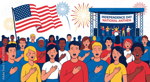 Diverse group of patriotic people singing solemnly with hands on their hearts during a national celebration with a flag, fireworks, and a concert stage