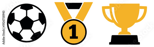Modern graphic sports award icons set featuring a soccer ball, a gold medal, and a trophy for sports competition