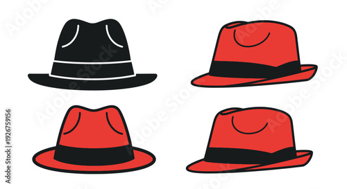 Four colorful fedora hats displayed in a striking silhouette