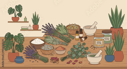 Flat lay illustration of herbal ingredients and tools for natural wellness and self-care, including lavender, sage, essential oils, and mortars on a wooden table