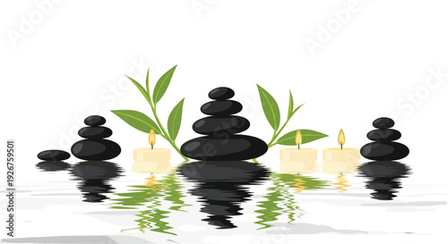 Black stone stacks and burning white candles with green leaves are reflected in a rippling water surface against a white background.