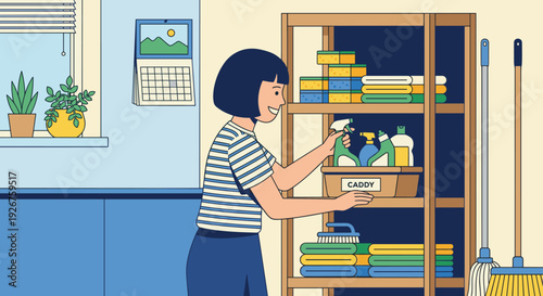 Smiling woman organizing cleaning supplies, placing a spray bottle into a caddy on a wooden shelf stocked with sponges, towels, and other products in a tidy room, rendered 