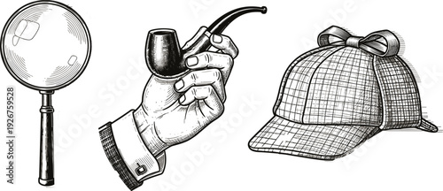 Detective investigation set with magnifying glass, hand holding tobacco pipe, sherlock holmes hat, vintage vector sketch illustration, mystery discovery elements