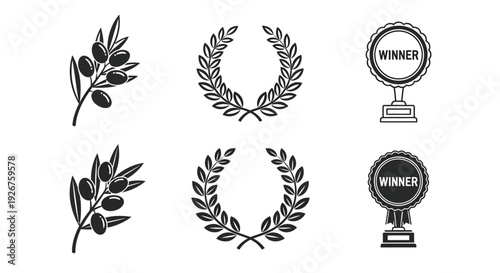 Olive branches laurel wreaths and winner ribbons in black silhouette