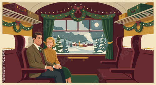 Happy couple enjoys a festive Christmas train journey, looking out at a snowy village landscape under a full moon, depicted in a charming retro illustration style