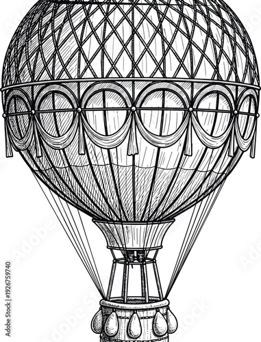 Vintage hot air balloon vector illustration, hand drawn steampunk aerostat, antique flying transport, retro aviation design, sketch style travel icon