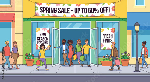 Colorful cartoon illustration of diverse people shopping during a spring sale at a retail store with a large discount banner and happy customers carrying bags on a city street