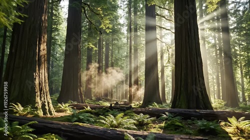 Sunlit forest scene with massive trees, mist, and vibrant green undergrowth. Sunlight shines