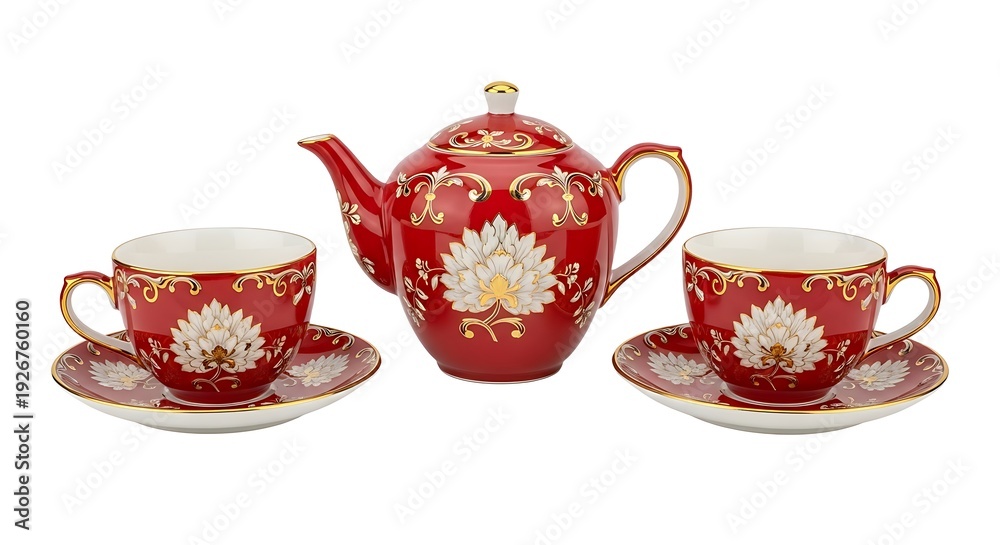 Fototapeta premium Red and Gold Floral Teapot and Cup Set with White Lotus on Saucer
