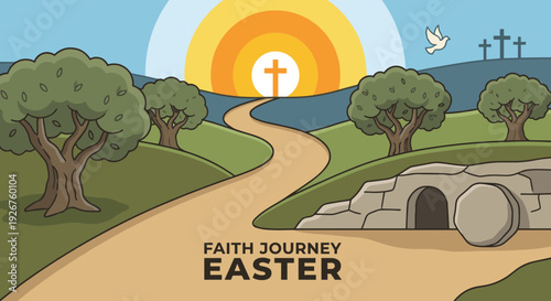 Christian Easter illustration of the empty tomb with a path leading to a cross in the sunrise, three crosses on a hill, and a dove flying in a cartoon vector style