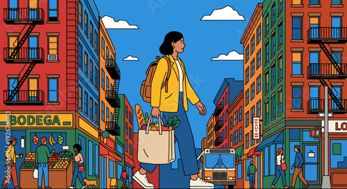 Illustrated woman in a yellow jacket walks down a vibrant city street carrying a tote bag full of fresh groceries from the local market on a sunny day