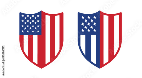 Two shield emblems displaying american flags in a striking silhouette