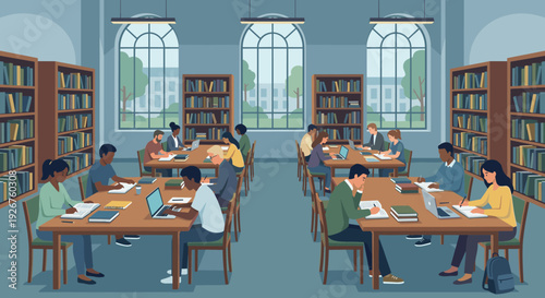 Diverse group of young adult students studying quietly at long wooden tables in a classic library, a focused academic scene illustrated in a flat vector style