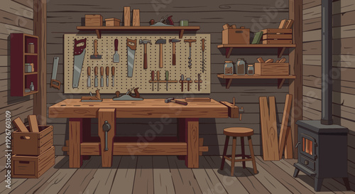 Cozy cartoon carpenter's workshop interior with a wooden workbench, pegboard tool wall, shelves, and a wood stove in a rustic cabin setting with warm, soft lighting