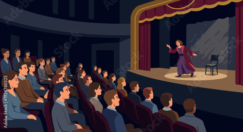 Vibrant theatrical performance features an actress on stage under a spotlight, captivating a diverse audience seated in a dark, crowded auditorium with red curtains