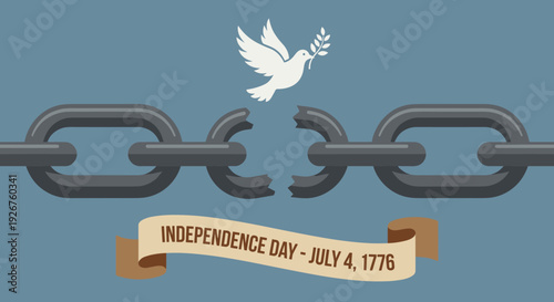 Broken metal chain with a white dove holding an olive branch above a banner for Independence Day, a flat vector illustration symbolizing freedom, peace, and liberty