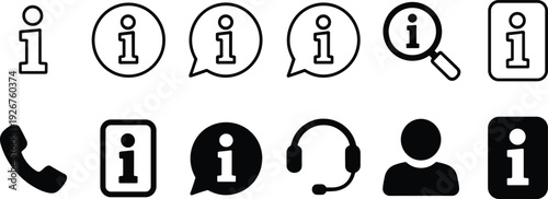 Information icon set, customer support symbols, help desk communication icons, phone chat search user interface signs, black and white vector illustration