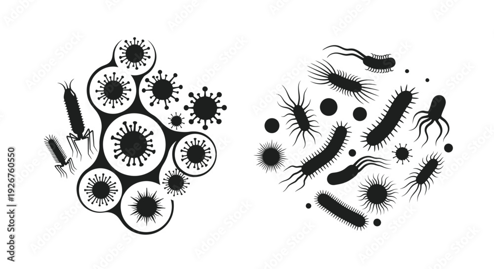 Obraz premium Variety of bacteria and viruses depicted in a stark black silhouette