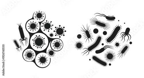 Variety of bacteria and viruses depicted in a stark black silhouette