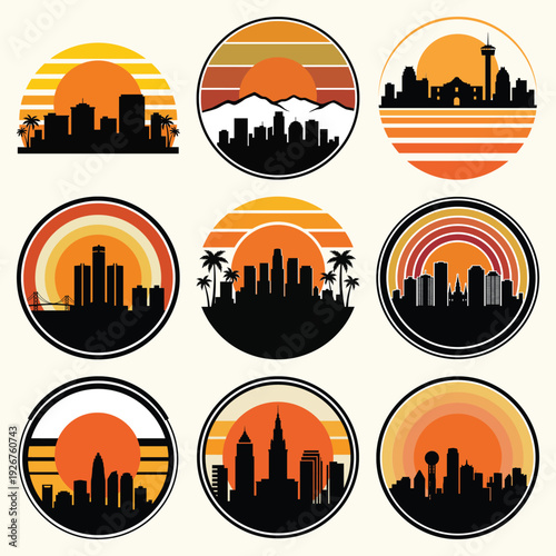 Retro Sunset City Skyline Badge Set in Circular Vintage Style