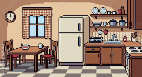 Cozy pixel art kitchen interior with furniture, a dining table, refrigerator, and sink in a warm, nostalgic 8-bit video game style illustration