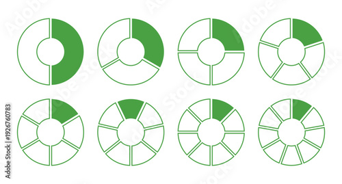 Wheel round green divided diagrams with neon segments. Circle division on 1 2 3 4 5 6 7 8 9 qual parts. Coaching green blank. Infographics set.