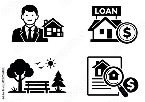 Real estate and finance glyph icon set featuring a real estate agent, home loan, property search, and a park scene for housing, investment, and outdoor living