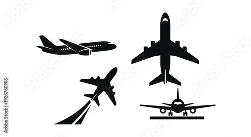 Airplane silhouettes depicting flight paths and aerial views