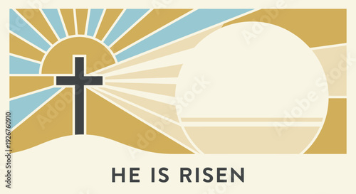 Christian Easter banner with a cross at sunrise, an empty tomb, and the text He Is Risen, a minimalist vector illustration with geometric shapes and copy space for text