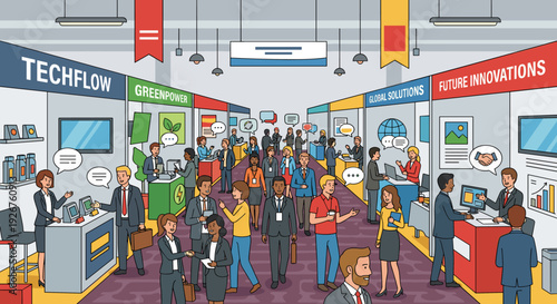 Busy illustrated trade show exhibition hall filled with diverse business people networking, communicating with speech bubbles, and visiting various company booths
