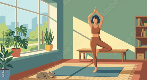 Calm woman in brown sportswear practicing yoga tree pose in a sunlit living room with a sleeping cat, houseplants, and a large window showing a city park view