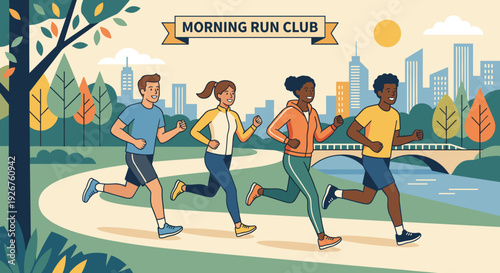 Multiethnic group of young people running together on a path through a beautiful city park with a modern skyline in the background, a flat vector illustration