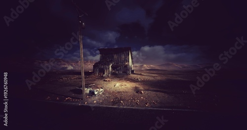 Obraz na plátně weathered shack beside empty roadside lamp at night, cracked pavement and leanin