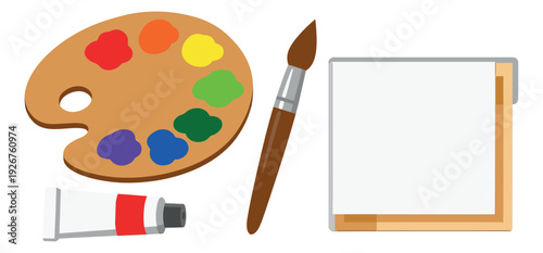 Simple graphic art supplies set featuring a palette with paint, paintbrush, paint tube and canvas for creative art projects