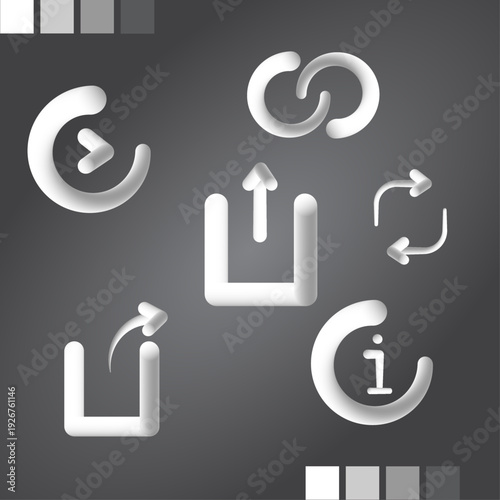 White 3d ui icons set with upload, refresh, repost and info symbols