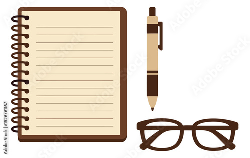 Simple graphic office supplies set featuring a spiral notebook, a pen, and reading glasses for work and study