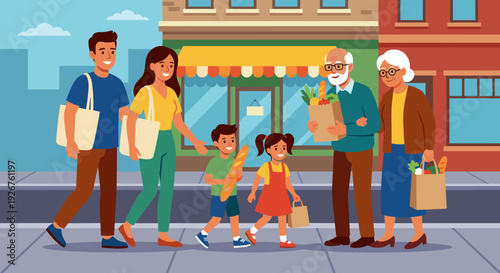 Happy multi-generational family with children and grandparents walking together on a city sidewalk after grocery shopping, carrying bags filled with fresh food and bread