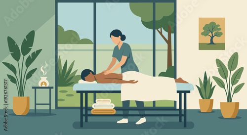 Professional female masseuse giving a relaxing back massage to a client lying on a table in a tranquil spa with plants and a large window