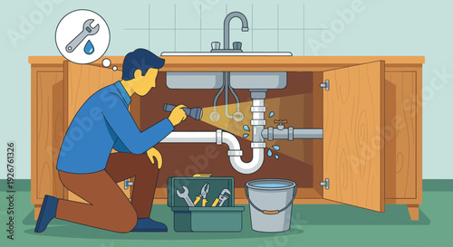 Man inspecting a leaking kitchen sink pipe with a flashlight, thinking about the repair with a toolbox and bucket on the floor, flat vector illustration