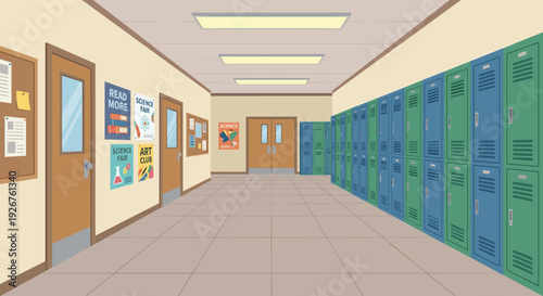 Empty school hallway illustration with rows of blue and green lockers along a clean corridor with classroom doors and educational posters on the wall in a flat vector style