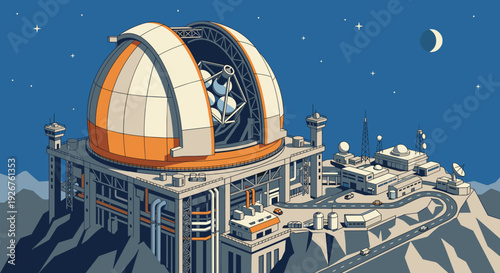 Illustrated astronomical observatory with a large open dome showing a segmented mirror telescope, part of a research complex on a mountain at night